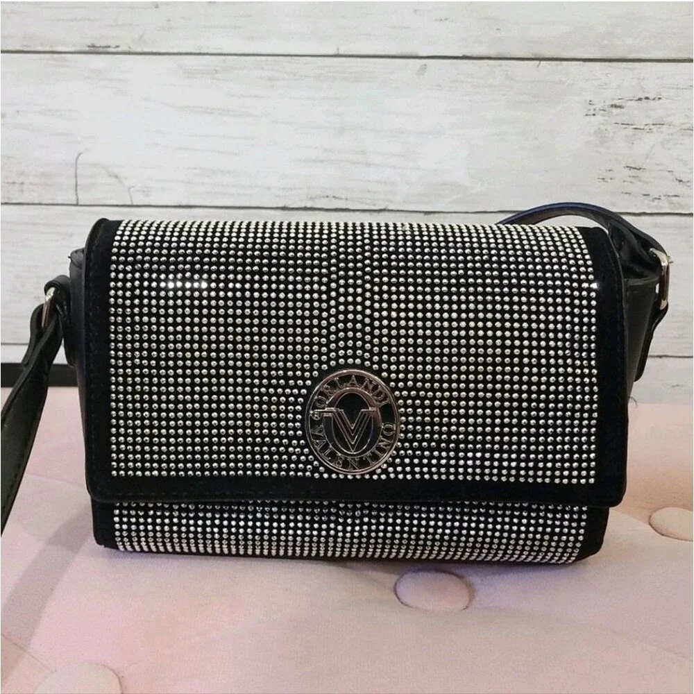 Valentino Orlandi Silver Studded Black Crossbody Bag Foldover Handbag Italy Luxe